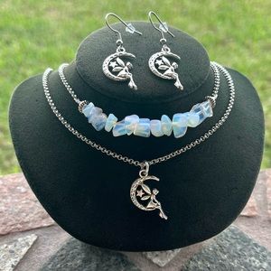 Set ! Iridescent opalite double layer necklace fairy moon star + earrings boho